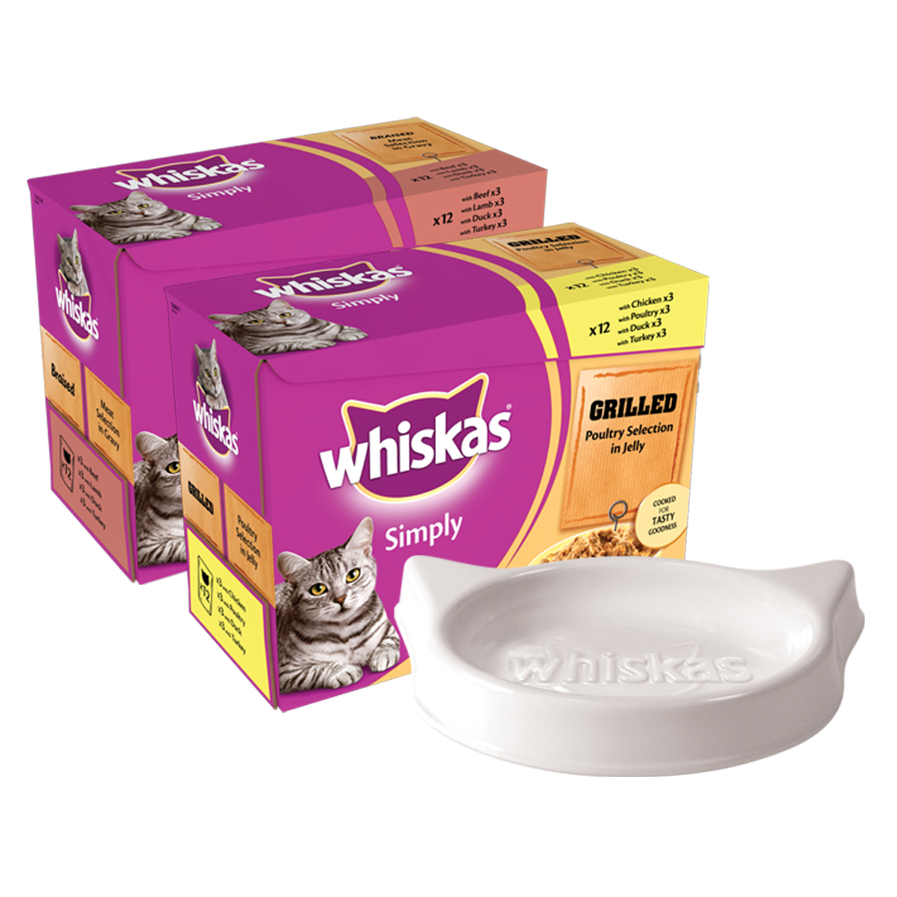Whiskas Simply Premium Pouch Range 12pack + Free Whiskas Ceramic Bowl