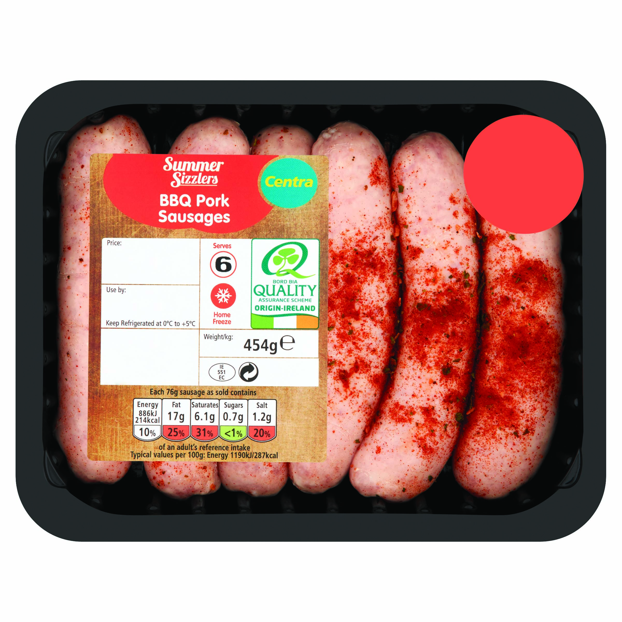 CENTRA FRESH IRISH BBQ PORK SAUSAGES 6 PACK 454G Centra
