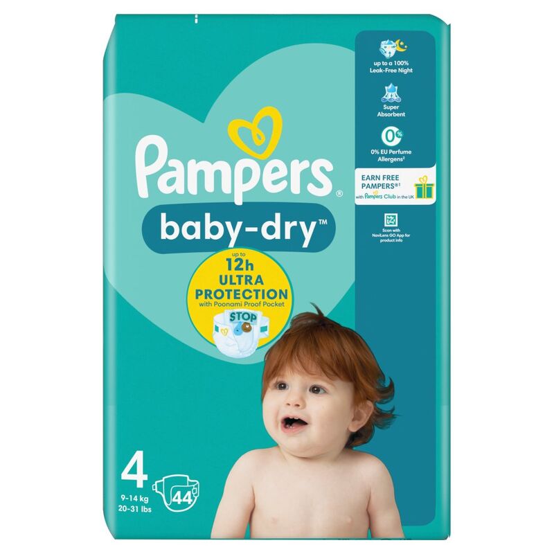 Pampers Baby-Dry Size 4, 44 Nappies, 9kg-14kg, Essential Pack