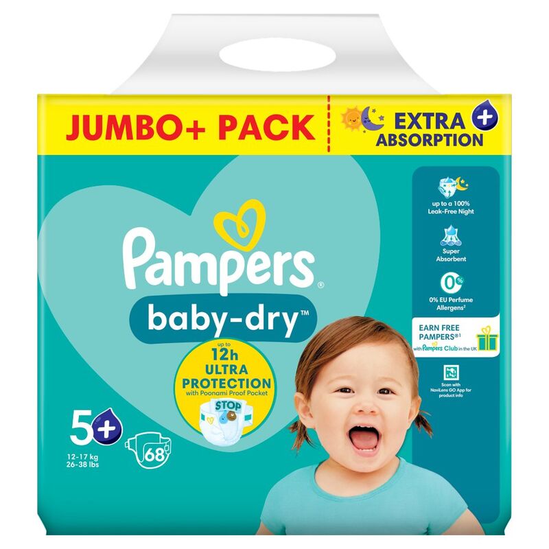 Pampers Baby-Dry Size 5+, 68 Nappies, 12kg-17kg, Jumbo+ Pack