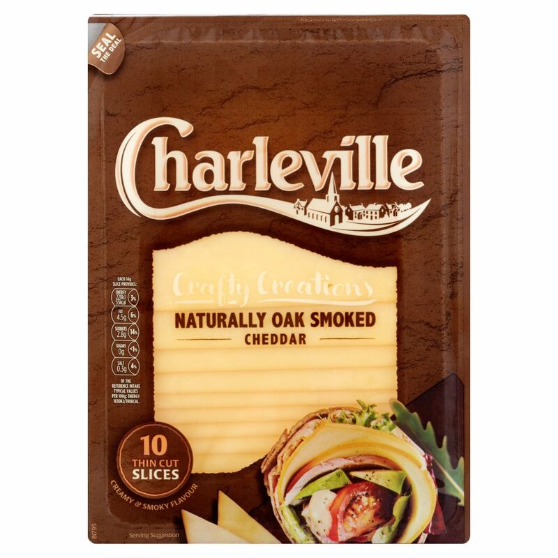 Charleville Crafty Creations Naturally Oak Smoked Cheddar 10 Thin Cut Slices 140g Charleville Crafty Creations Naturally Oak Smoked Cheddar 10 Thin Cut Slices 140g
