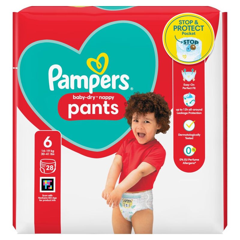 Pampers Baby-Dry Nappy Pants Size 6, 28 Nappies, 14kg - 19kg, Essential Pack