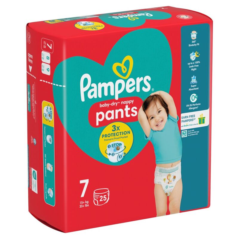 Pampers Baby-Dry Nappy Pants Size 7, 25 Nappies, 15kg+, Essential Pack