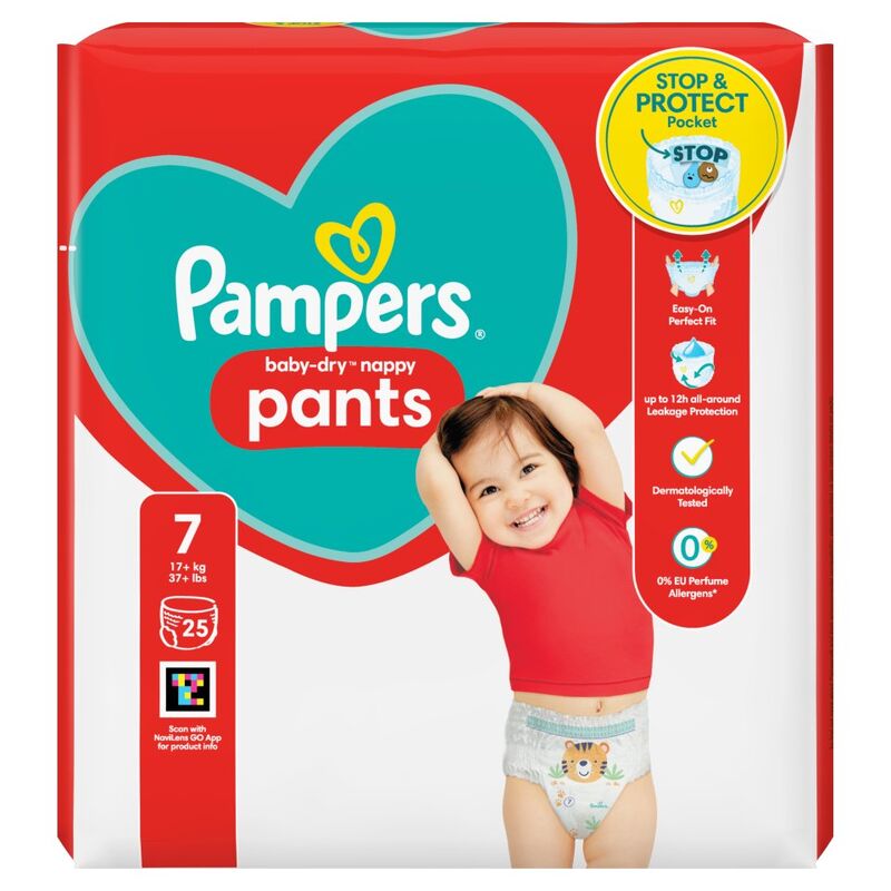 Pampers Baby-Dry Nappy Pants Size 7, 25 Nappies, 17kg+, Essential Pack