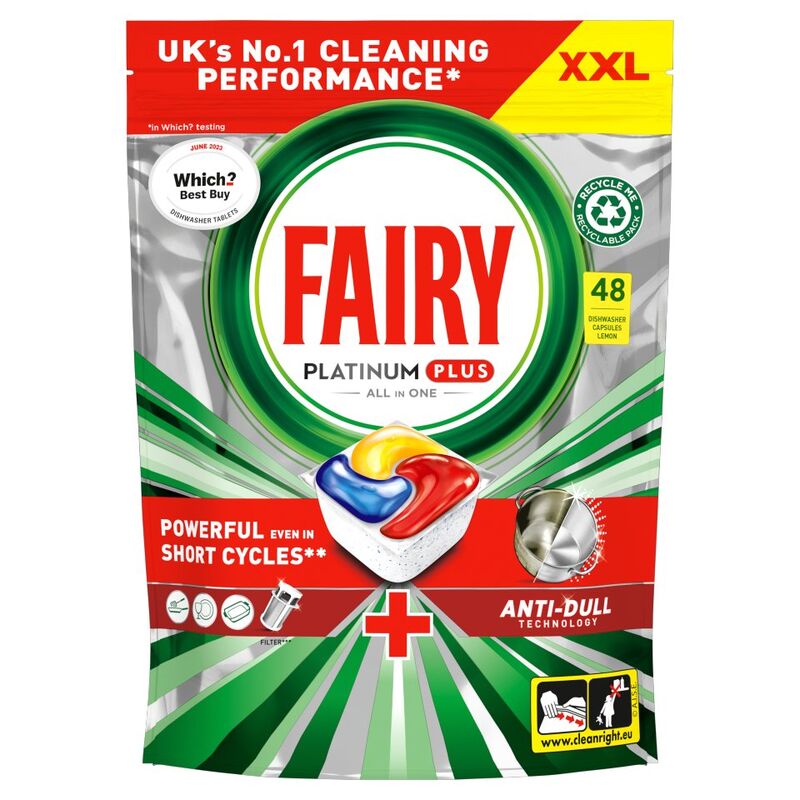 Fairy Platinum Plus All In One Dishwasher Tablets Lemon, 48 Tablets