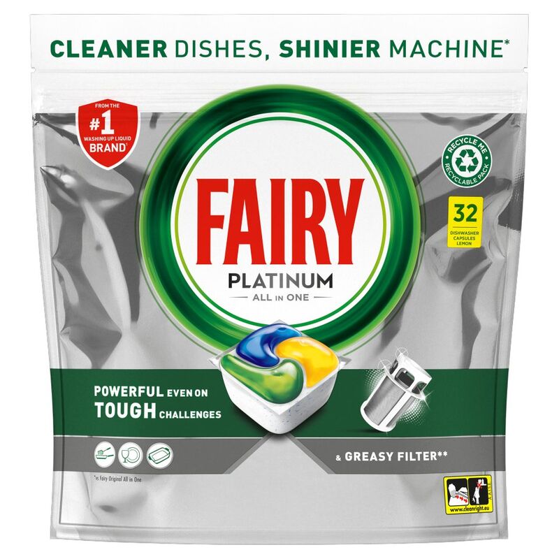 Fairy Platinum All In One Dishwasher Tablets Lemon, 32 Tablets