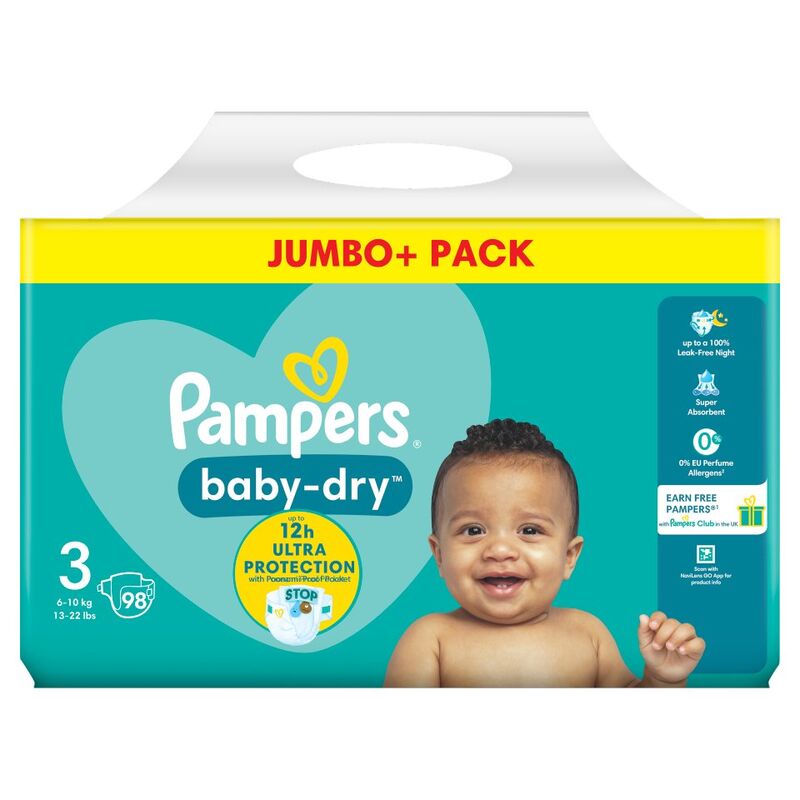 Pampers Baby-Dry Size 3, 98 Nappies, 6kg-10kg, Jumbo+ Pack