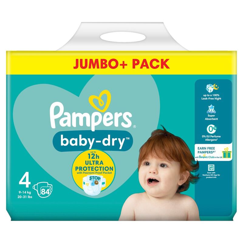 Pampers Baby-Dry Size 4, 84 Nappies, 9kg-14kg, Jumbo+ Pack