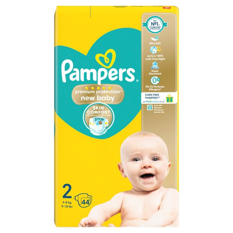 Pampers Premium Protection New Baby Size 2, 44 Nappies, 4kg-8kg, Essential Pack