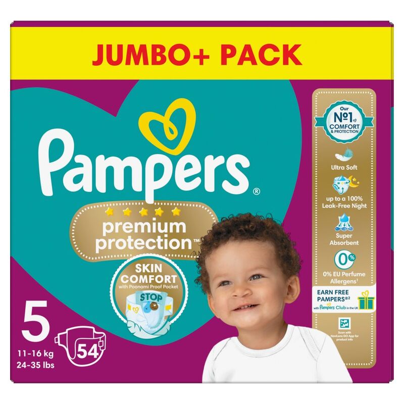 Pampers Premium Protection Size 5, 54 Nappies, 11kg-16kg, Jumbo+ Pack