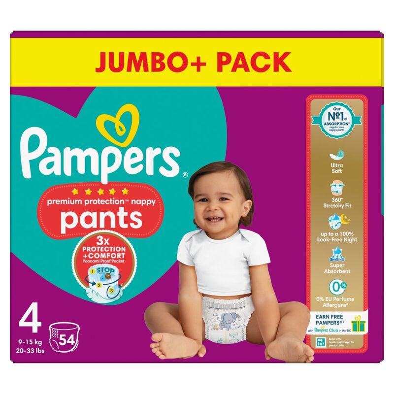 Pampers Premium Protection Nappy Pants Size 4, 54 Nappies, 9kg-15kg, Jumbo+ Pack