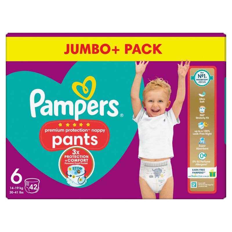 Pampers Premium Protection Nappy Pants Size 6, 42 Nappies, 14kg-19kg, Jumbo+ Pack