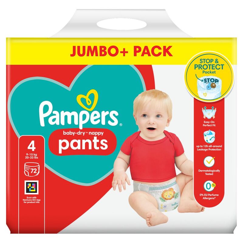 Pampers Baby-Dry Nappy Pants Size 4, 72 Nappies, 9kg - 15kg, Jumbo+ Pack