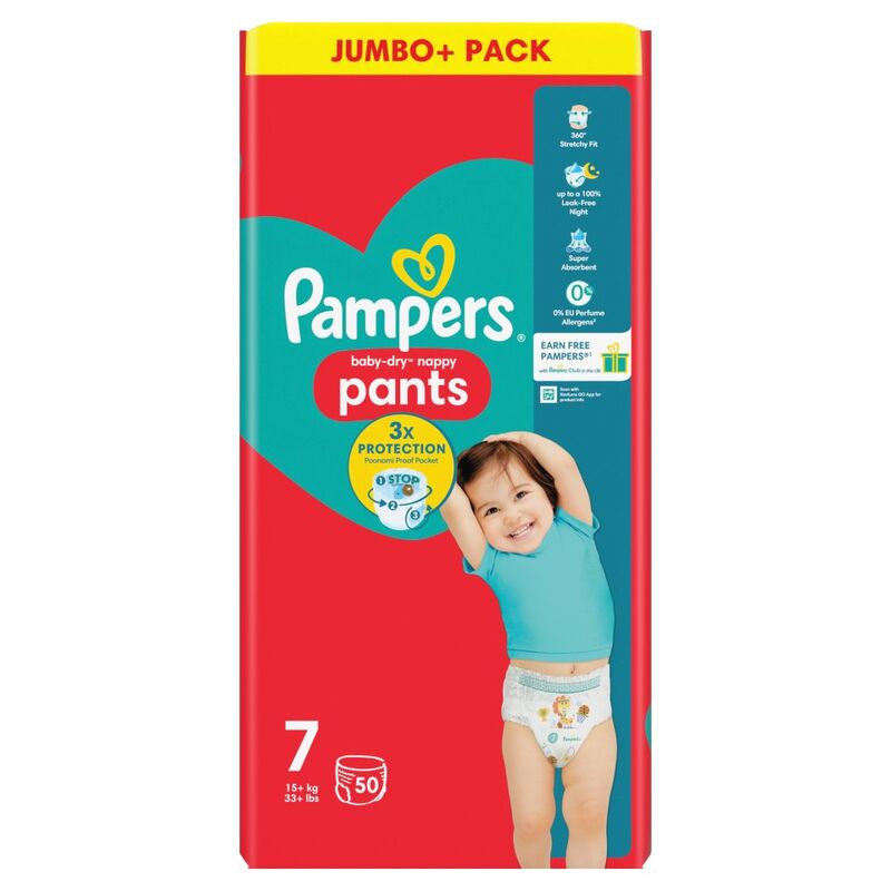 Pampers Baby-Dry Nappy Pants Size 7, 50 Nappies, 15kg+, Jumbo+ Pack