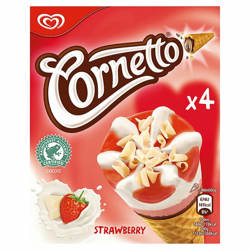 Cornetto Strawberry Ice Cream Cone 4 x 90ml