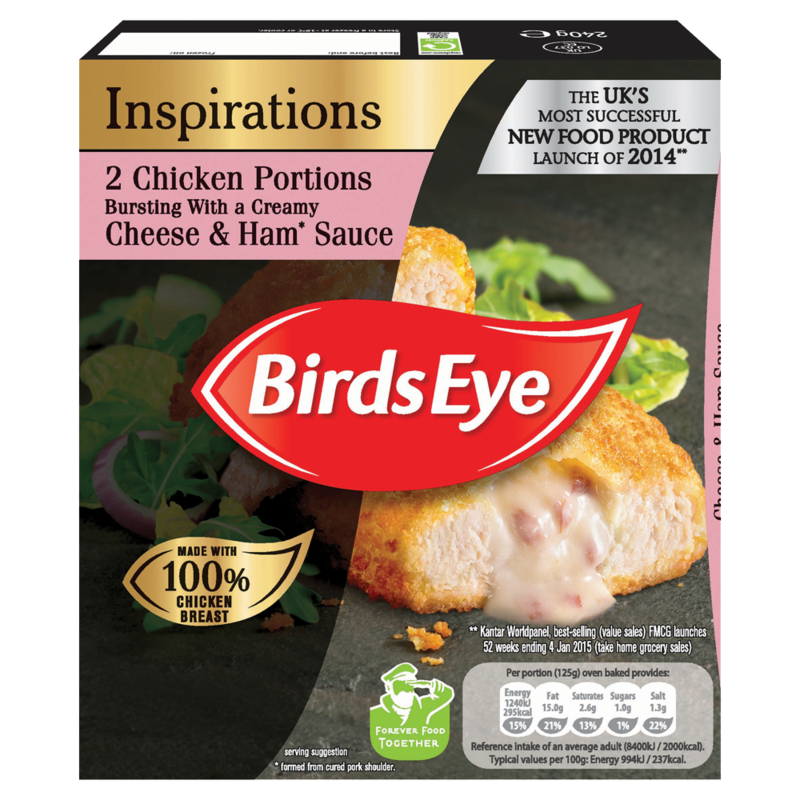 Birds Eye Inspirations 2 Chicken Portions Bursting with a Creamy Cheese Ham Sauce 240g Birds Eye Inspirations 2 Chicken Portions Bursting with a Creamy Cheese Ham Sauce 240g
