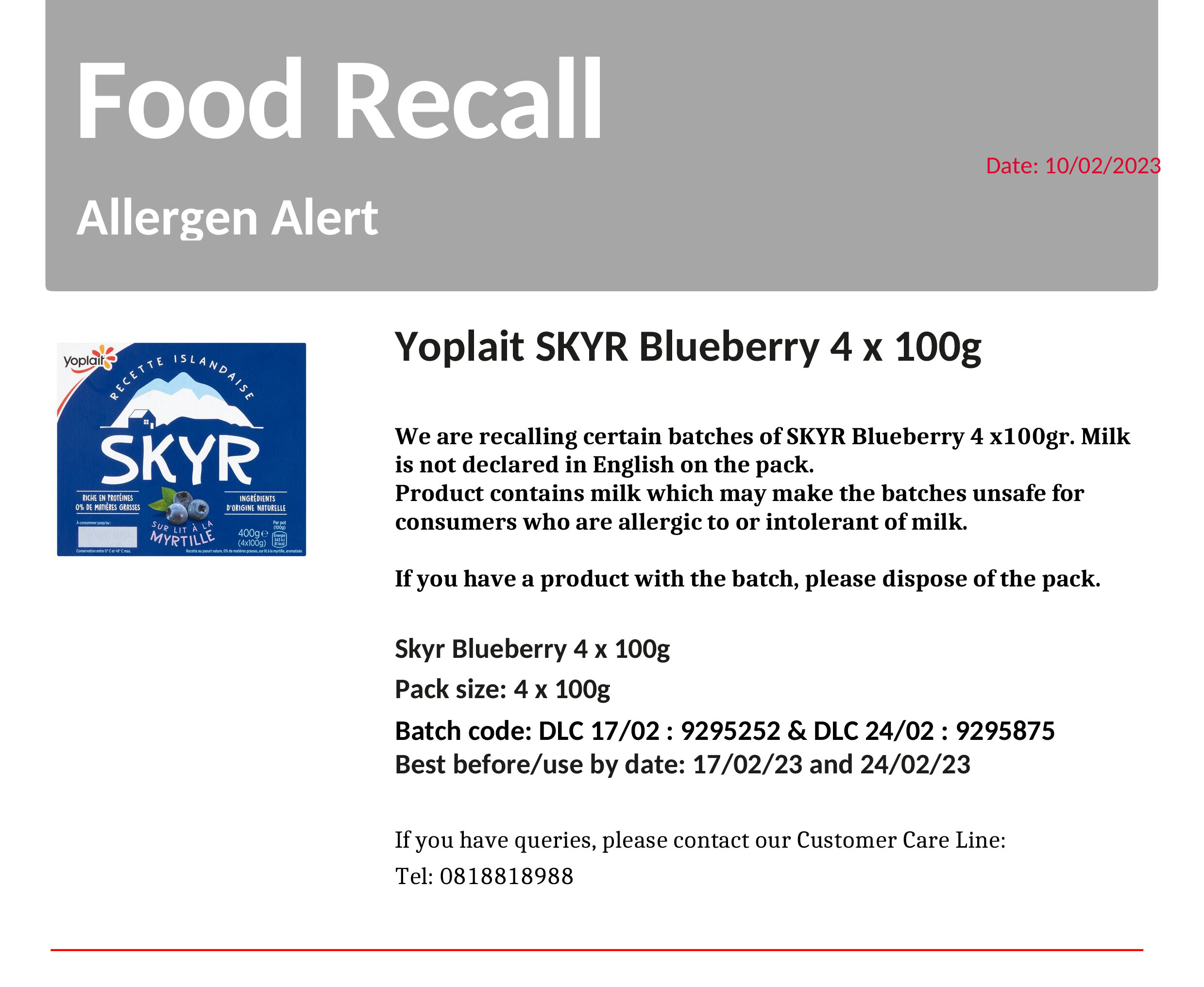 Yoplait Skyr Blueberry recall